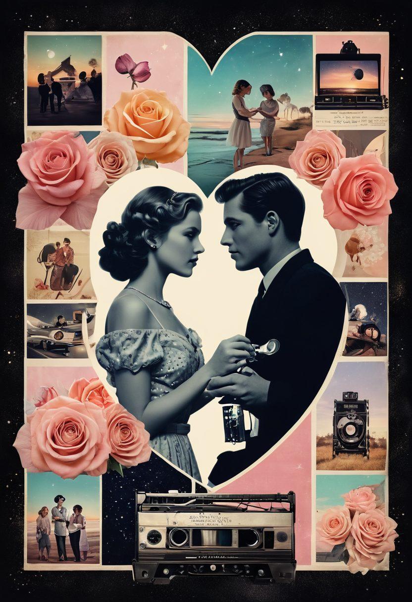 An enchanting collage that captures the evolution of romantic cinema, showcasing a vintage film reel transitioning into a modern movie screen. Include iconic symbols of romance like a heart intertwined with film strips, soft lighting, and silhouettes of couples from different eras. The background should evoke a sense of nostalgia, with roses and starry skies enhancing the atmosphere. pastel colors. cinematic style.