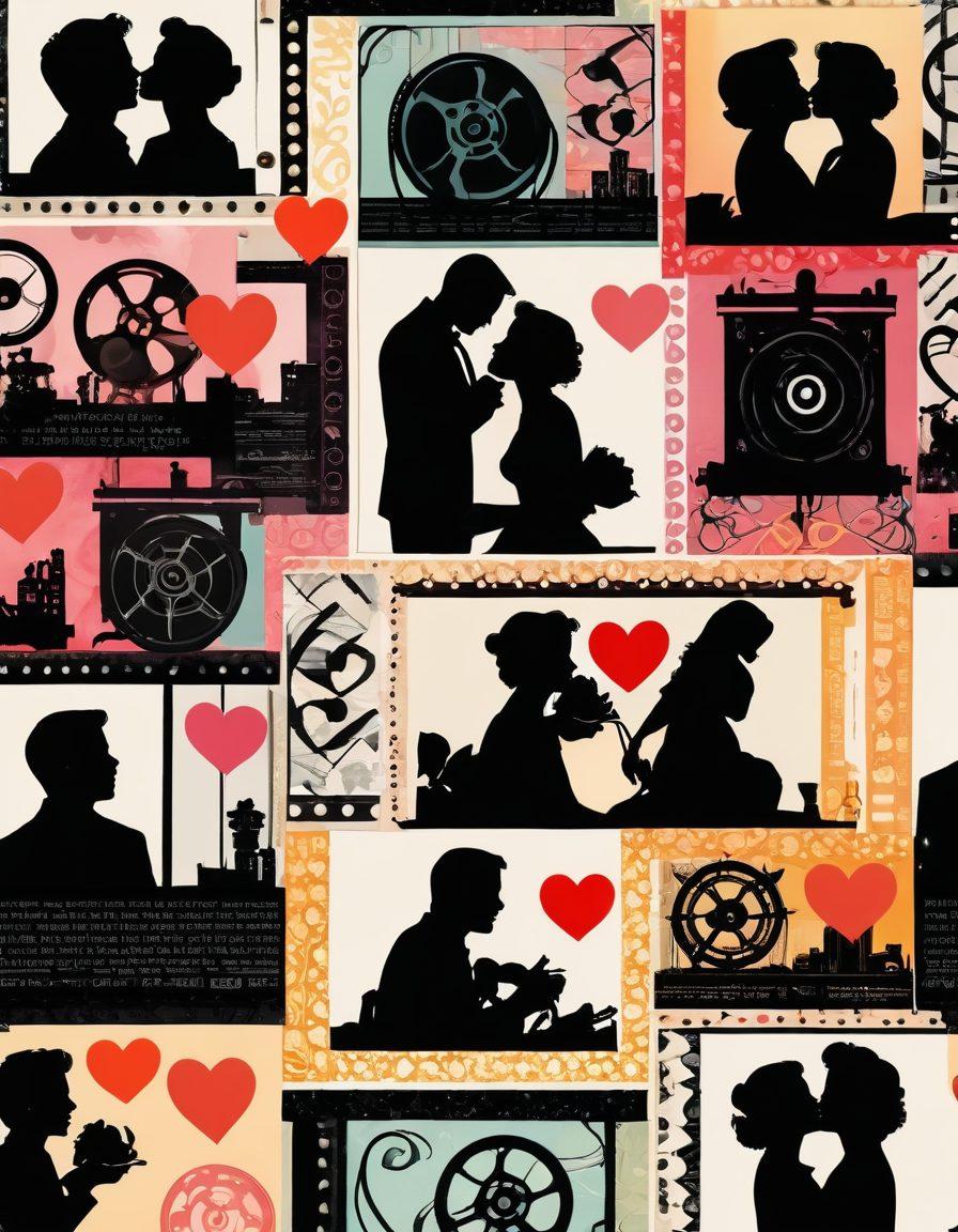 A vibrant collage of iconic love scenes from classic films, featuring silhouettes of a couple in a passionate embrace, vintage film reels, and romantic symbols like hearts and roses. The background should be a dreamy blend of colors representing various eras of cinema, with soft lighting effects to create a nostalgic ambiance. Include elements like clapperboards and popcorn to enhance the film theme. painting. vibrant colors. white background.