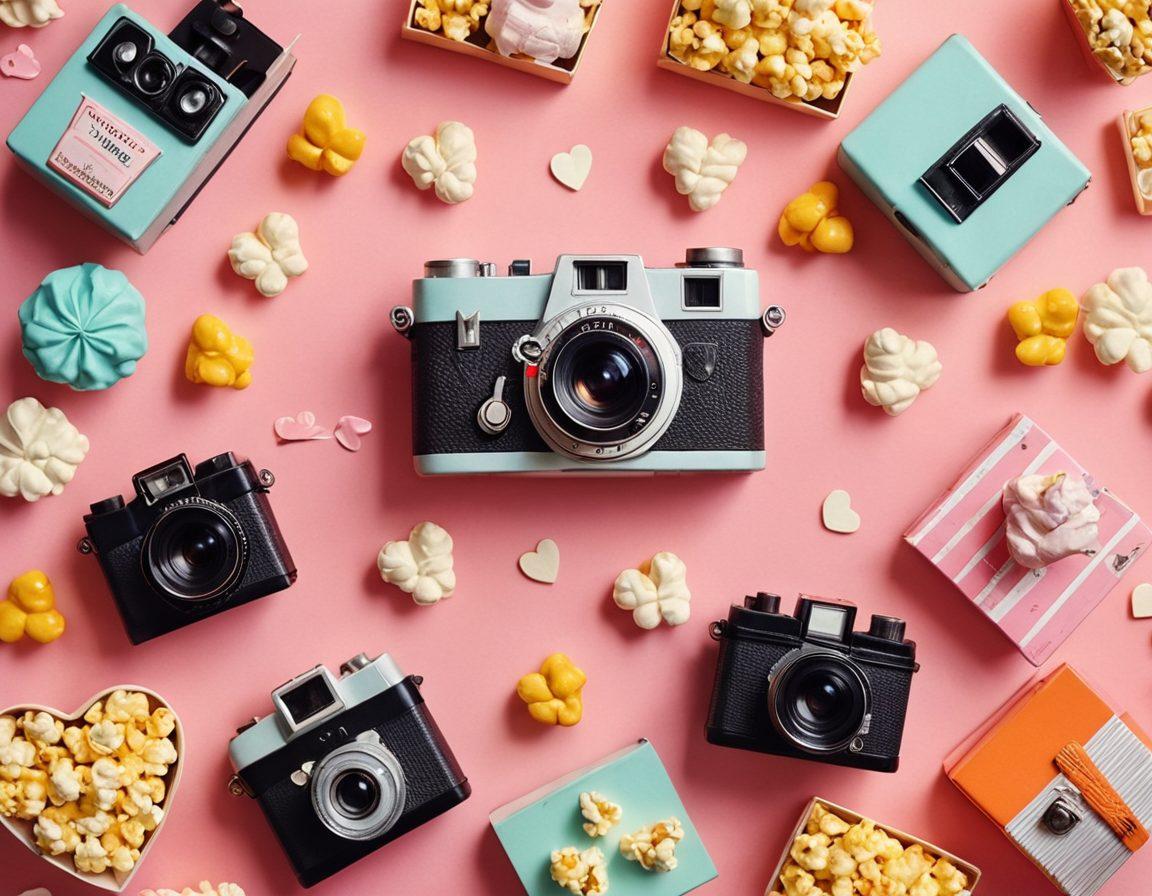 A cinematic collage featuring iconic love-themed movie scenes, intertwined with heart-shaped motifs and vibrant colors. Include classic film elements like vintage cameras and popcorn, set against a dreamy, soft-focus background infused with pastel hues. Add subtle film reel graphics to emphasize storytelling. super-realistic. vibrant colors. dreamy background.